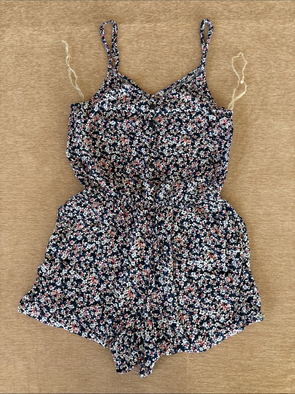 SO Navy Floral Spaghetti-Strap Romper with Pink & White Blooms - Juniors Small